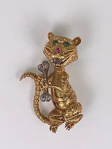 18K Yellow Gold Tiger Brooch with Gemstones