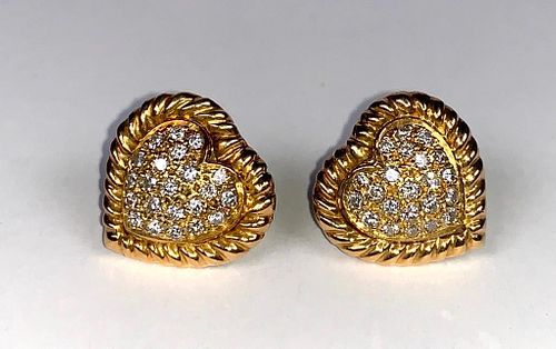 Pair 18k Yellow Gold and Diamond Heart Earrings