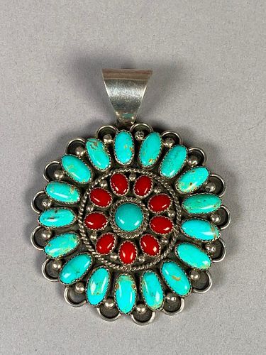 T. Yazzie Navajo Silver, Turquoise and Coral Pendant