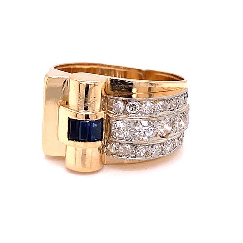 18K Retro Chevalier Diamond Sapphire Ring