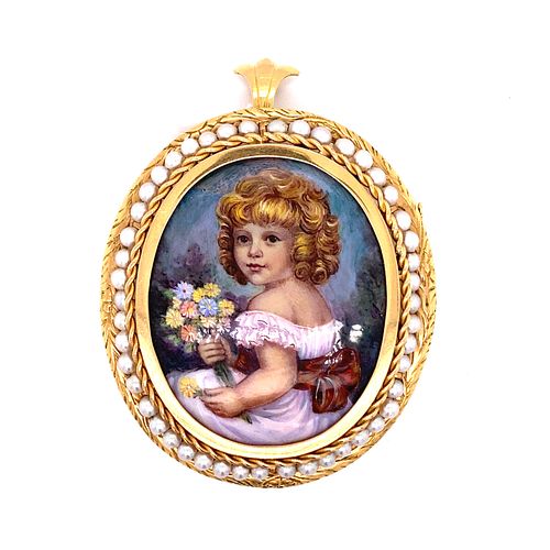 Victorian 18K Picture Of a Girl Pearl Broach & Pendant