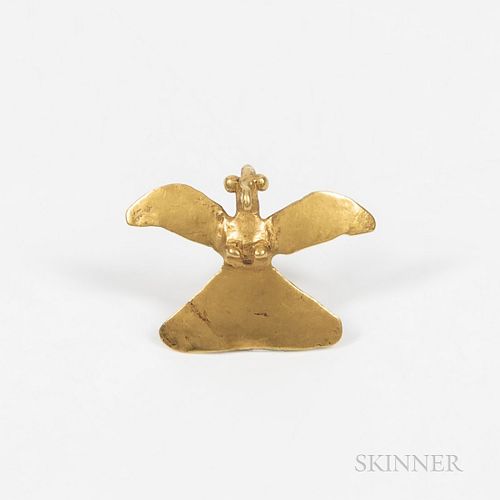 Diquis Gold Avian Pendant, Costa Rica, c. 800-1500 AD, possibly an eagle, with large round eyes, and downturned beak, small projecting