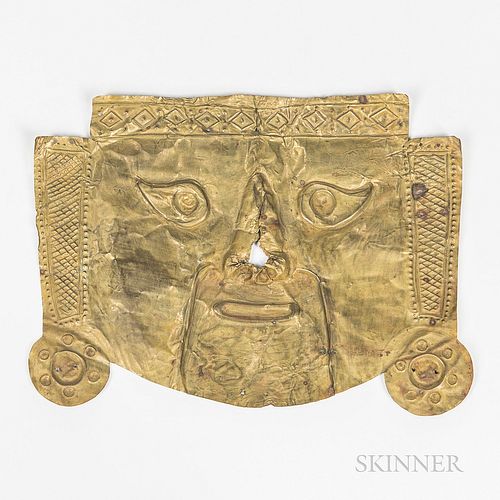 Pre-Columbian Copper Funerary Mask, Chimu, Peru, c. 1000-1400 AD, hammered copper, possibly with some gold content, pierced in places f