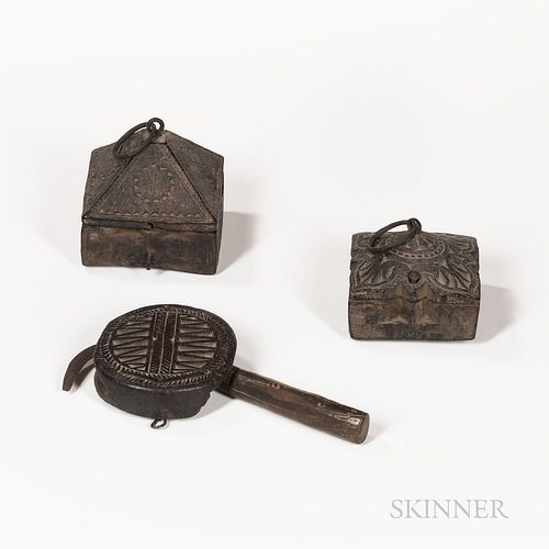Two Nepalese Wood Boxes and Rice Sickle, two square wood boxes, each with sliding pyramid lid, with small interior compartments for hol