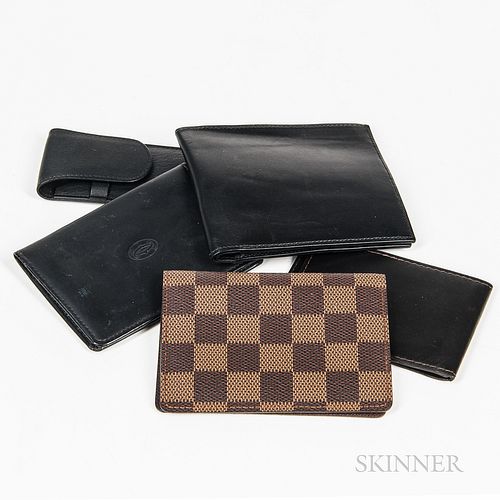 Group of Gentlemen's Designer Leather Goods, including wallets and billfolds, makers include Hermes, Louis Vuitton, and Cartier.