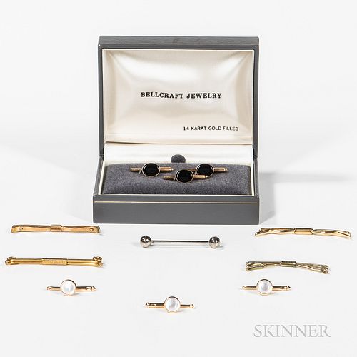 Boxed Stud Set, Set of Three 14kt Gold Studs, and Group of Tie Bars, three boxed gold-filled studs, three 14kt gold and mother-of-pearl