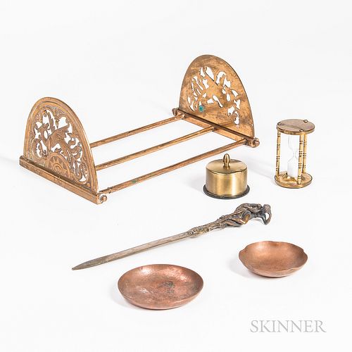 Group of Desk Items including Art Nouveau Letter Opener, Pierced Folding Book Rack, and Small Copper Trays.