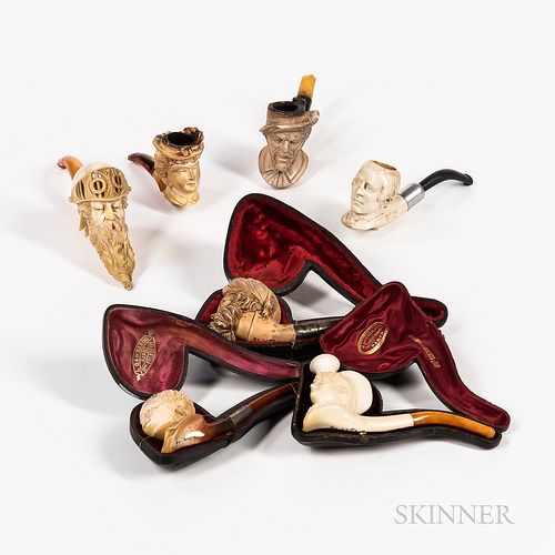Seven Meerschaum-type Figural Pipes, three with cases.