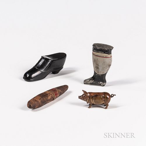 Group of Smoking-related Novelty Items, including a small cast metal cigar, a small pig match safe with striker, a boot-form match safe