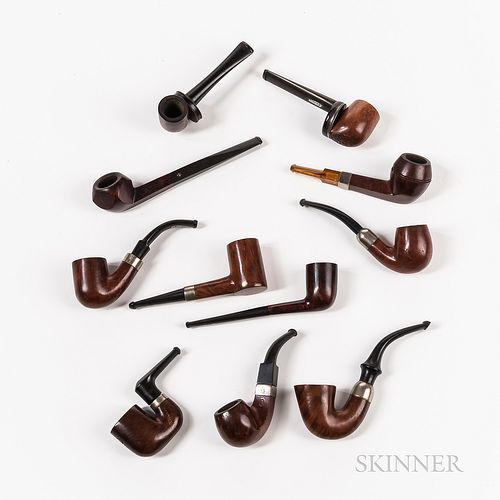 Eleven Pipes, many with silver or silvered collars, including French and Italian Briar, makers include Manhattan and CPF.