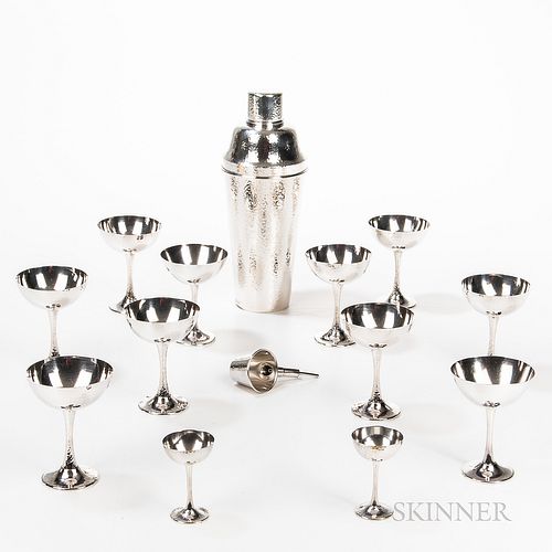 .950 Silver Hammered Cocktail Set, comprising a large shaker, ten cocktail cups, two cordials, and a jigger with pouring spout, shaker