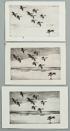 Frank Weston Benson (American, 1862-1951) Three Different States of Geese Drifting Down, 1929, proof B-6, proof F, and an impression of