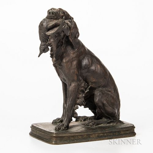 Cast Bronze Setter with Bird Sculpture, signed "F Pautrot," ht. approx. 12 in.