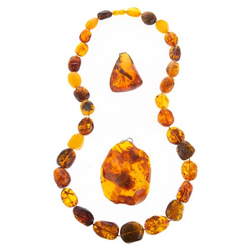 A Graduated Amber Necklace & Two Amber Pendants
