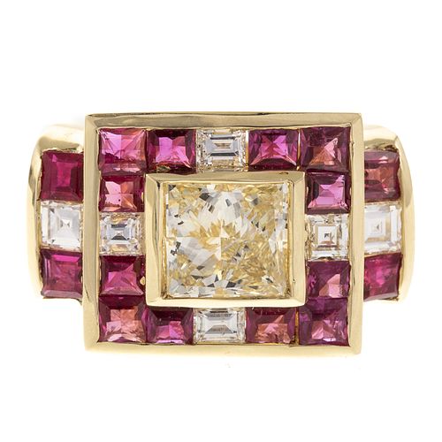 A 2.02 ct Yellow Diamond & Ruby Ring in 14K