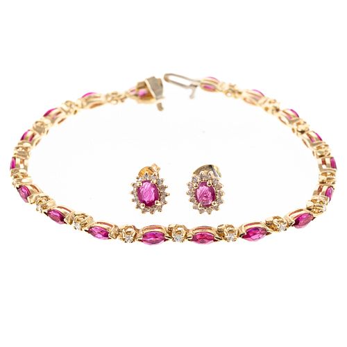 A Ruby & Diamond Bracelet & Earrings in 14K