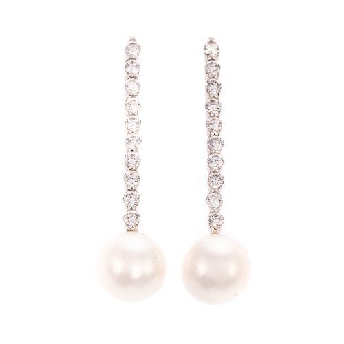 A Pair of Pearl & Diamond Drop Earrings in 14K