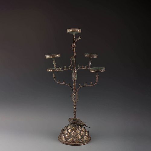 A Gold and Silver Inlaying Bronze Lotus-shaped Lamp