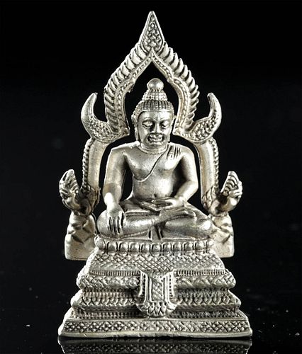Early 20th C. Thai Silvered Brass Seated Buddha