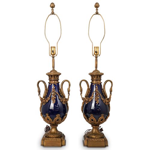 Pair of Porcelain & Dore Bronze Urn Table Lamps
