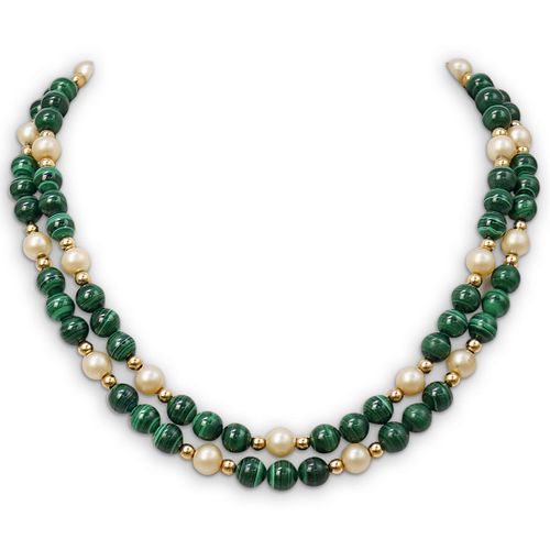 Malachite, Faux Pearl & Gold Beaded Necklace