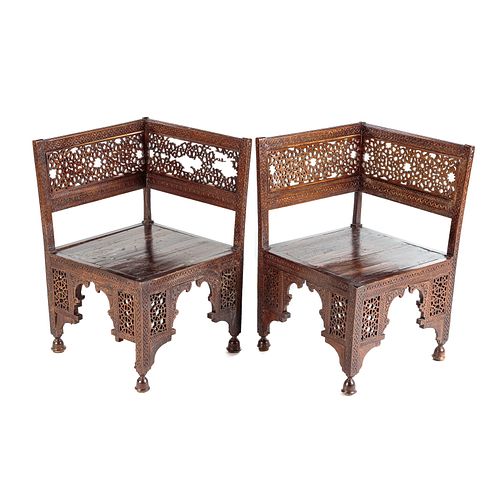 Pair of Moroccan Hardwood Corner Chairs