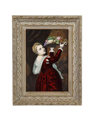 Gorgeous French Maroon Limoges Enamel Porcelain Plaque Woman With Fruits, Titian
C. 1880