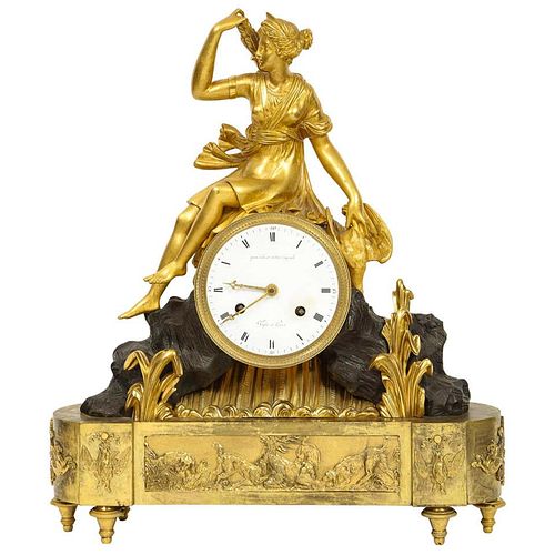 French Empire Ormolu and Patinated Bronze Clock with Huntress Diana, circa 1805