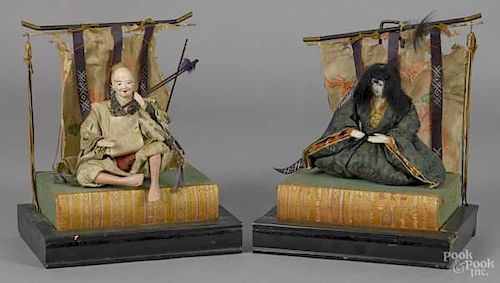 Pair of Japanese carved wood and fabric characte