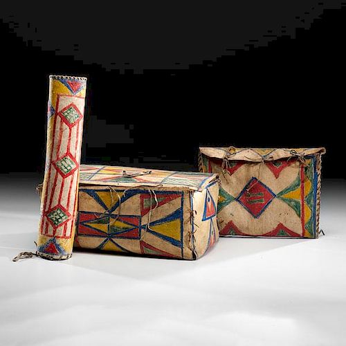 Sioux Polychrome Parfleche Trunk, Cylinder, and Envelope  