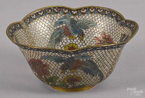 Chinese plique au jour bowl with bird and flowe