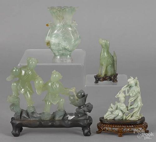 Four Chinese jade and hardstone carvings, talle