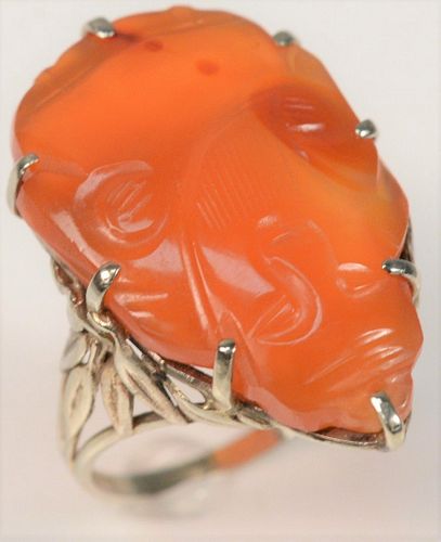 14 Karat White Gold Ring 
set with carved carnelian in form of a face
size 6 3/4