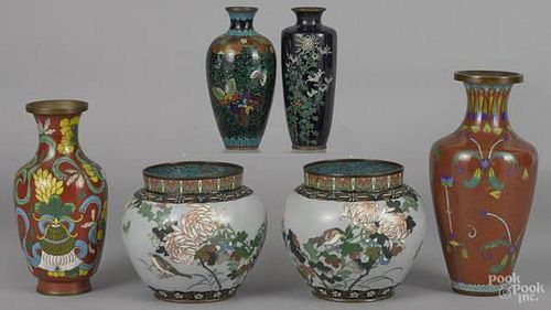 Six Chinese cloisonn‚ vases, tallest - 10 1/2''.