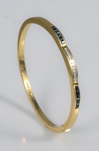 18 Karat Gold Bangle Style Bracelet set with diamonds and sapphires signed Vanron16.4 grams