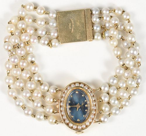 Lucien Piccard 14 Karat Gold Ladies Wristwatch
with four strand pearl, and 14 karat gold bracelet band
23.2 millimeters
total weight 25.7 grams