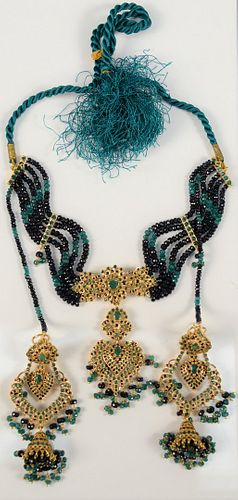 22 Karat Gold Necklace and Earrings 
set with emeralds, and sapphire bead work
133 grams total weight (without the string necklace)
