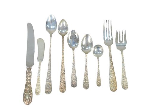 137 Piece Repousse Sterling Silver Flatware Set
various makers to include 9 dining forks, 12 salad forks, 4 luncheon forks, 8 ice cream forks, 16 iced