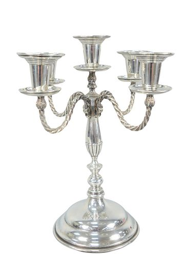 Sterling Silver Five Light Candelabra on round base marked Lafayette, Mexican Sterling, height 15 inches 64.3 troy ounces