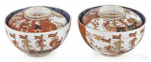 Pair of Black Ship Imari tea bowls and covers, 1