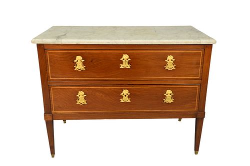 Louis XVI Mahogany Two Drawer Commode
with marble top
late 18th - early 19th century
height 33 inches, top 23 1/2" x 43 1/4"