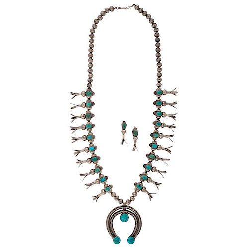 Navajo Silver and Turquoise Squash Blossom Necklace and Earrings 