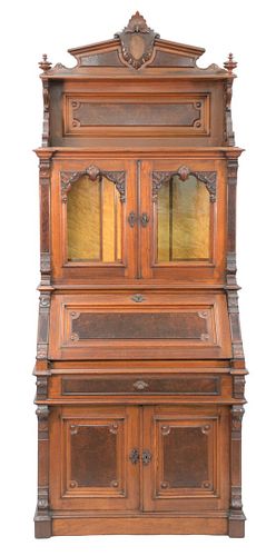 Victorian Walnut and Burl Walnut Secretary Desk
in three parts, upper section with shelf, and gallery over two doors with birdseye maple interior, ove