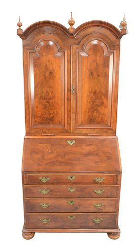 Queen Anne Secretary Desk 
with double dome, upper section having two paneled doors opening to reveal compartments, drawers, pigeon holes and door ove