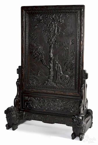 Large Chinese carved rosewood floor screen, 19th