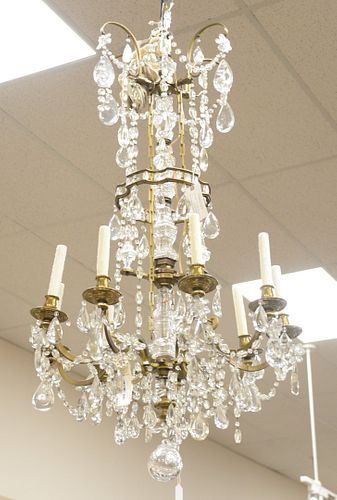A French Cut and Pressed-Glass-Mounted Ormolu Nine-Light Chandelier
20th century
with faceted central stem, and tiers with drop pendants, fitted for e