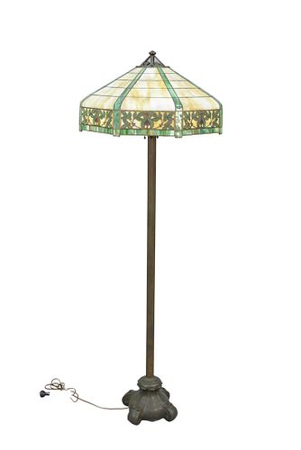 Floor lamp with leaded shade with leaves and red designs,  four socket, all with acorn pulls, Attributed to Handel.  ht. 65 1/2 inches, dia. 25 inches