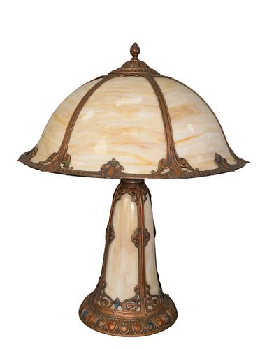 Caramel Slag Glass Table Lamp
with bell shaped shade, on light-up base, with painted details
height 23 inches, diameter 19 inches
Provenance: Thirty-f