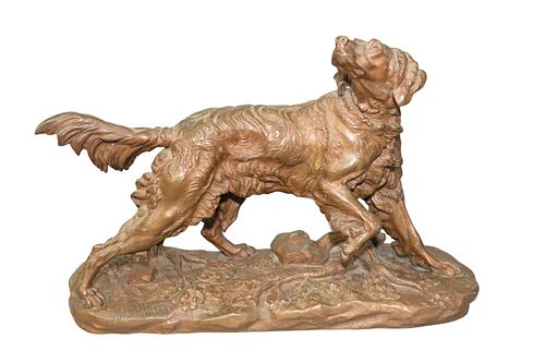 Jules Moigniez (French, 1835 - 1894)
Tiffany & Company
"Finding the Scent, Setter"
bronze with brown patina
inscribed on the base J. Moigniez 
foundry
