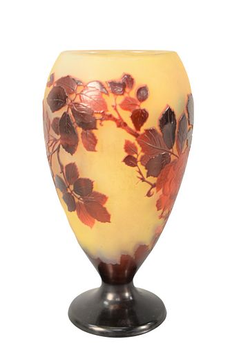 Galle Cameo Art Glass Vase
having finely detailed cameo cut roses with leaves, in studies of red with yellow ground
marked Galle on the side with grou